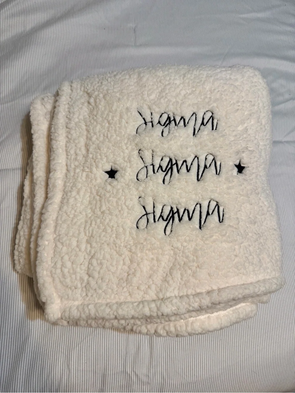 New Sigma Sigma Sigma Embroidered Cream Sherpa Throw with Black Script and Stars